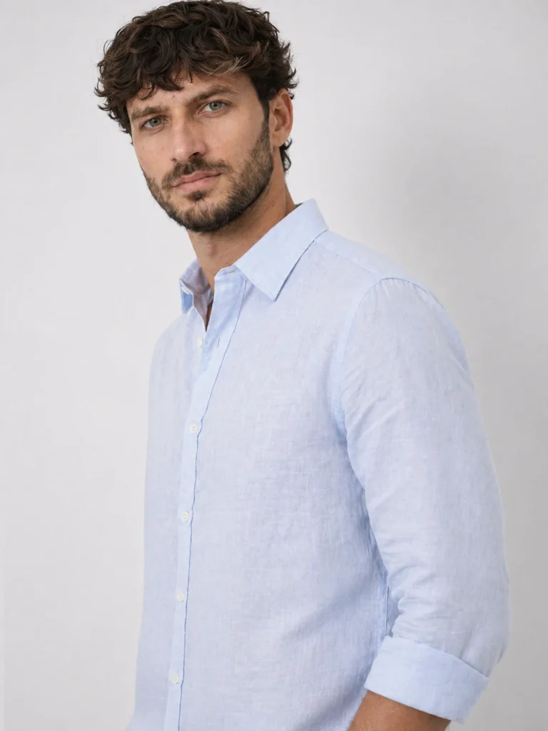 Premium Sky Blue Cotton Linen Shirt for Men | Stylish Regular Fit Full Sleeve Shirt