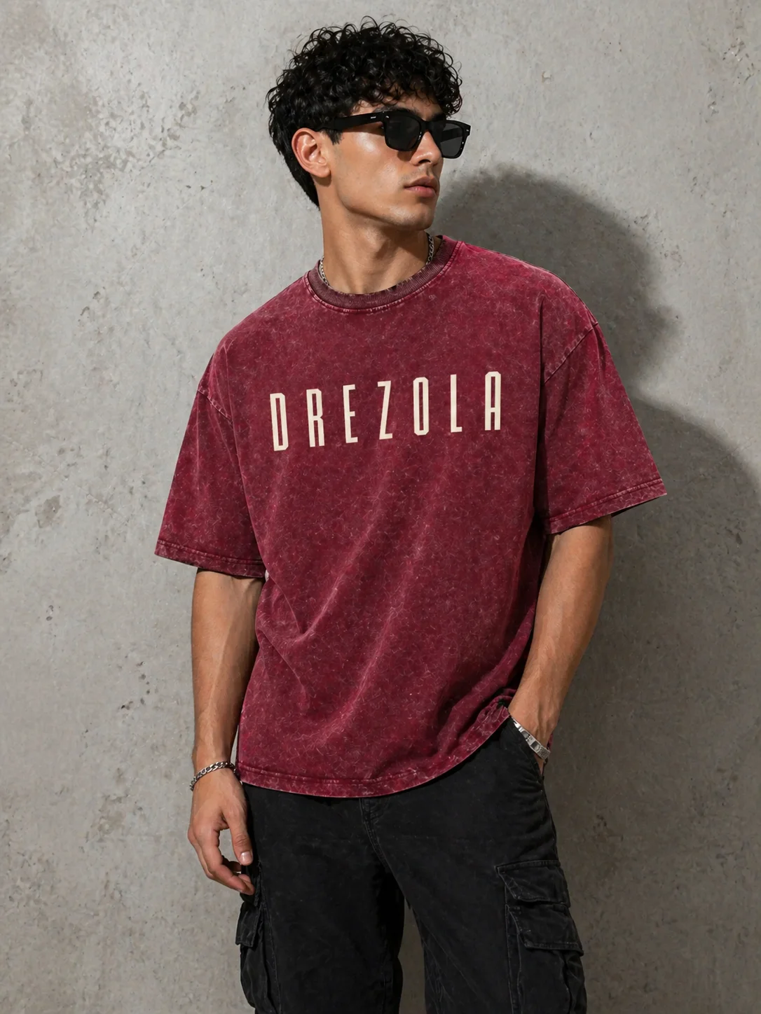 Men Oversized Dusty Maroon Acid Wash T-Shirt | Drop Shoulder Graphic Printed T-Shirt for Men | Streetwear thumbnail 2